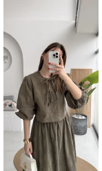 Brera Balon Kol Dokulu Etek Bluz Takım - Haki - Kod: 6045