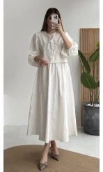 Brera Balon Kol Dokulu Etek Bluz Takım - Ekru - Kod: 6045