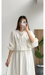 Brera Balon Kol Dokulu Etek Bluz Takım - Ekru - Kod: 6045