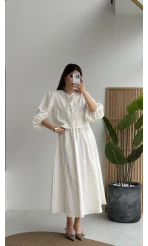 Brera Balon Kol Dokulu Etek Bluz Takım - Ekru - Kod: 6045