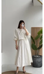 Brera Balon Kol Dokulu Etek Bluz Takım - Ekru - Kod: 6045