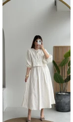 Brera Balon Kol Dokulu Etek Bluz Takım - Ekru - Kod: 6045