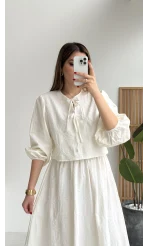 Brera Balon Kol Dokulu Etek Bluz Takım - Ekru - Kod: 6045