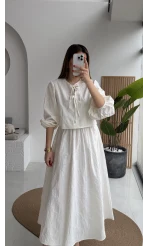 Brera Balon Kol Dokulu Etek Bluz Takım - Ekru - Kod: 6045