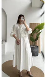 Brera Balon Kol Dokulu Etek Bluz Takım - Ekru - Kod: 6045