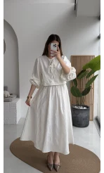 Brera Balon Kol Dokulu Etek Bluz Takım - Ekru - Kod: 6045