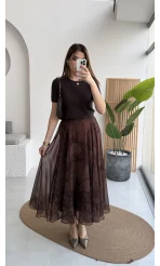 Çiçek Desenli Astarlı Tül Etek - Kahverengi