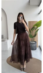 Çiçek Desenli Astarlı Tül Etek - Kahverengi