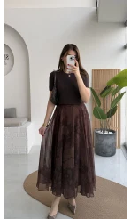 Çiçek Desenli Astarlı Tül Etek - Kahverengi