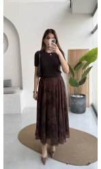Çiçek Desenli Astarlı Tül Etek - Kahverengi