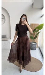 Çiçek Desenli Astarlı Tül Etek - Kahverengi