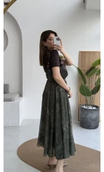 Çiçek Desenli Astarlı Tül Etek - Haki