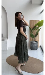 Çiçek Desenli Astarlı Tül Etek - Haki