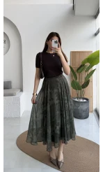 Çiçek Desenli Astarlı Tül Etek - Haki