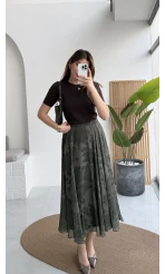 Çiçek Desenli Astarlı Tül Etek - Haki