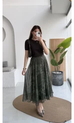 Çiçek Desenli Astarlı Tül Etek - Haki