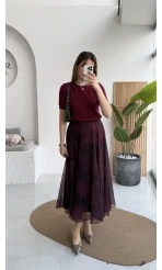 Çiçek Desenli Astarlı Tül Etek - Mürdüm