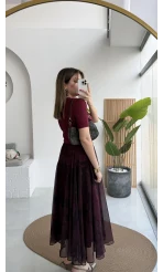 Çiçek Desenli Astarlı Tül Etek - Mürdüm