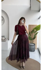 Çiçek Desenli Astarlı Tül Etek - Mürdüm