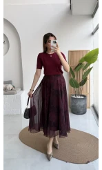 Çiçek Desenli Astarlı Tül Etek - Mürdüm