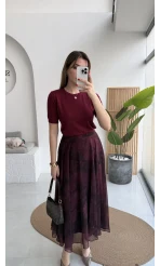 Çiçek Desenli Astarlı Tül Etek - Mürdüm