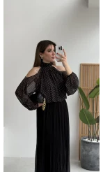 Puantiye Desen Şifon Bluz - Siyah - Kod: 0906