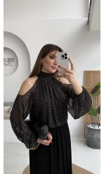 Puantiye Desen Şifon Bluz - Siyah - Kod: 0906