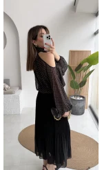 Puantiye Desen Şifon Bluz - Siyah - Kod: 0906