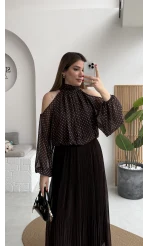 Puantiye Desen Şifon Bluz - Kahverengi - Kod: 0906