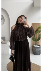 Puantiye Desen Şifon Bluz - Kahverengi - Kod: 0906