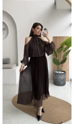 Puantiye Desen Şifon Bluz - Kahverengi - Kod: 0906