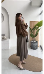 Crop Balon Kol Poplin Gömlek - Kahve - Kod: 5008