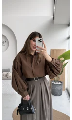 Crop Balon Kol Poplin Gömlek - Kahve - Kod: 5008