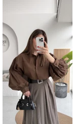 Crop Balon Kol Poplin Gömlek - Kahve - Kod: 5008