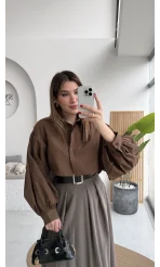 Crop Balon Kol Poplin Gömlek - Kahve - Kod: 5008