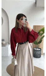 Crop Balon Kol Poplin Gömlek - Kırmızı - Kod: 5008