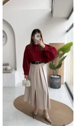 Crop Balon Kol Poplin Gömlek - Kırmızı - Kod: 5008