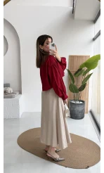 Crop Balon Kol Poplin Gömlek - Kırmızı - Kod: 5008