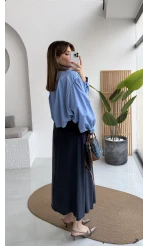 Crop Balon Kol Poplin Gömlek - Mavi - Kod: 5008