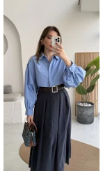 Crop Balon Kol Poplin Gömlek - Mavi - Kod: 5008