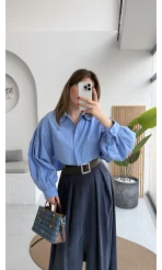 Crop Balon Kol Poplin Gömlek - Mavi - Kod: 5008