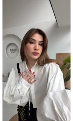 Crop Balon Kol Poplin Gömlek - Beyaz - Kod: 5008