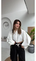 Crop Balon Kol Poplin Gömlek - Beyaz - Kod: 5008