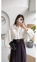 Crop Balon Kol Poplin Gömlek - Beyaz - Kod: 5008