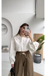 Crop Balon Kol Poplin Gömlek - Beyaz - Kod: 5008