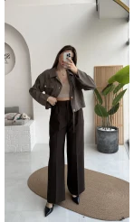 Fiona Çift Plili Kumaş Pantolon - Kahve - Kod: 3869