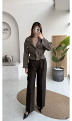 Fiona Çift Plili Kumaş Pantolon - Kahve - Kod: 3869