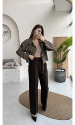 Fiona Çift Plili Kumaş Pantolon - Kahve - Kod: 3869