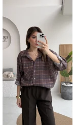 Baskılı Oversize Ekose Desenli Gömlek - Mürdüm - Kod: 4991
