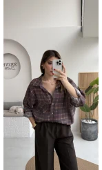 Baskılı Oversize Ekose Desenli Gömlek - Mürdüm - Kod: 4991